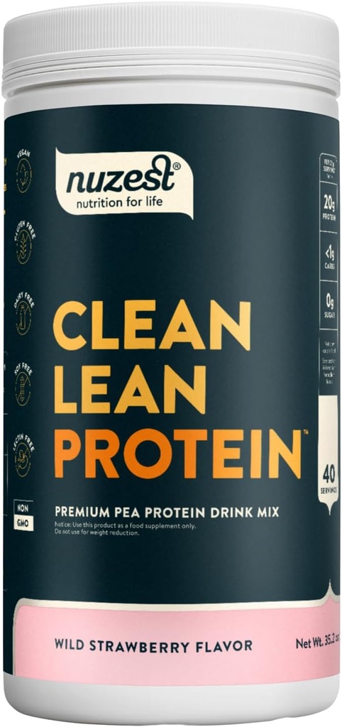 Nuzest - Pea Protein Powder - Clean Lean Protein, Premium Vegan Plant Based Protein Powder, Dairy Free, Gluten Free, GMO Bebas, Diweetened, Wild Strawberry, 40 lb, 2.2 lb