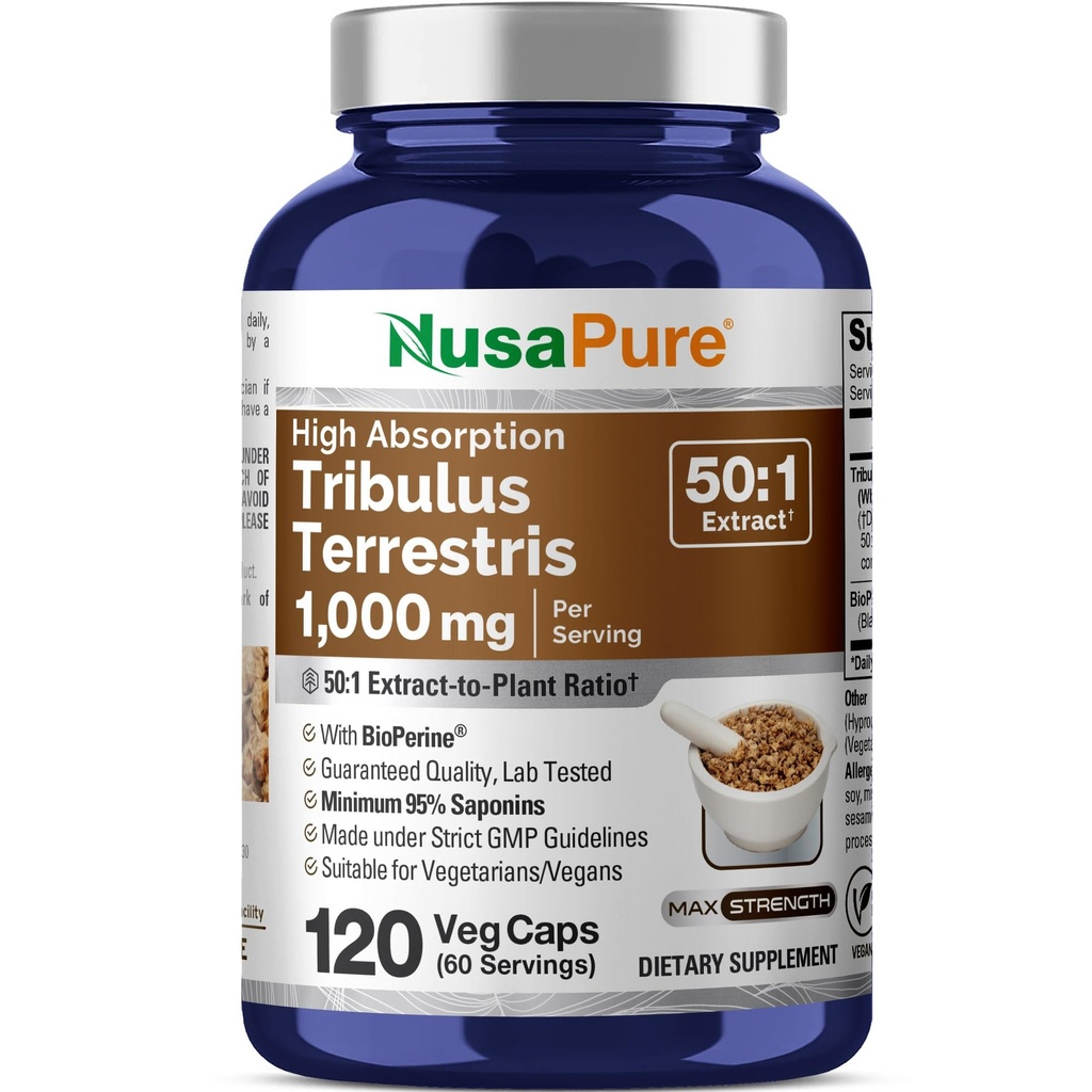 NusaPure Tribulus Terrestris 50: 1 Ekstrak, 1000 mg Equilialen dengan 50,000mg 124; 120 Veggie Caps 14; 95% Skoidal Saponins 114; Non-GMO, Bioperin