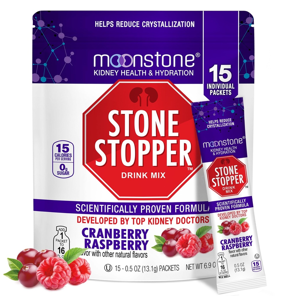 Moonstone Stone Stopper Drink Mix, Cranberry Raspberry, Kidney Stone Prevention, Calcium Oxlate Protector, dikembangkan oleh Urologist untuk Menimbulkan Hidration dan Dukungan Kesehatan Ginjal, 15 Hari Suppply