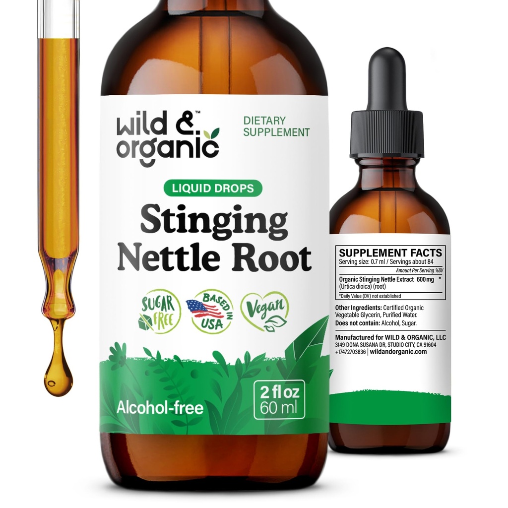 Wild & Organic Stanging Nettle Root Drops - Stinging Nettle Extract Taincture for Men & Women - Liquid Urtica Dioica Suplemen - Vegan, Sugar & Alcohol- Free - 2 fl oz