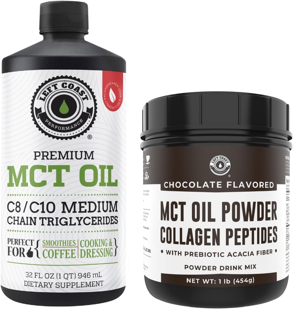 Kekiri Pantai Performance 100% Coconut MCT Oil Liquid, 32oz + Chocolate Keto MCT Powder, Collagen & Prebiotic Fiber, 16oz