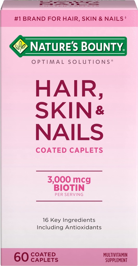 Nature 's Bounty Optimal Solutions Hair, Skin & Nails Formula, dengan 3.000 mcg Biotin, 60 Caplets, 20 Total Pelayan