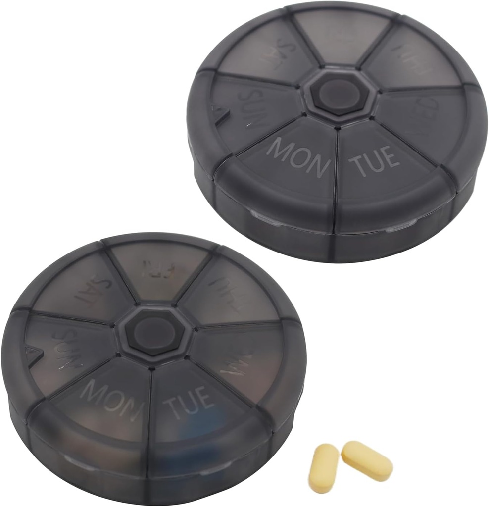 Portable Weekly Pill Organizer 7 Day Pill Container, Round Pill Case Friend, Daily Week Pil Reminder Case, BPA- Free Vitamin, Suplemen, Fish Oil, Medication Planner (Black)