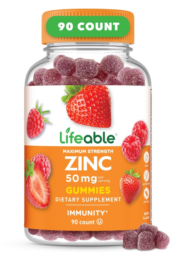 Lifeable Zinc Gummies 124; 50mg 124; Great Tasting Natural Flavor Zinc Vitamin 124; Gluten Free, Vegetarian, GMO-Free Zinc Chewable 124; untuk Imune Dupport 124; 90 Gumies