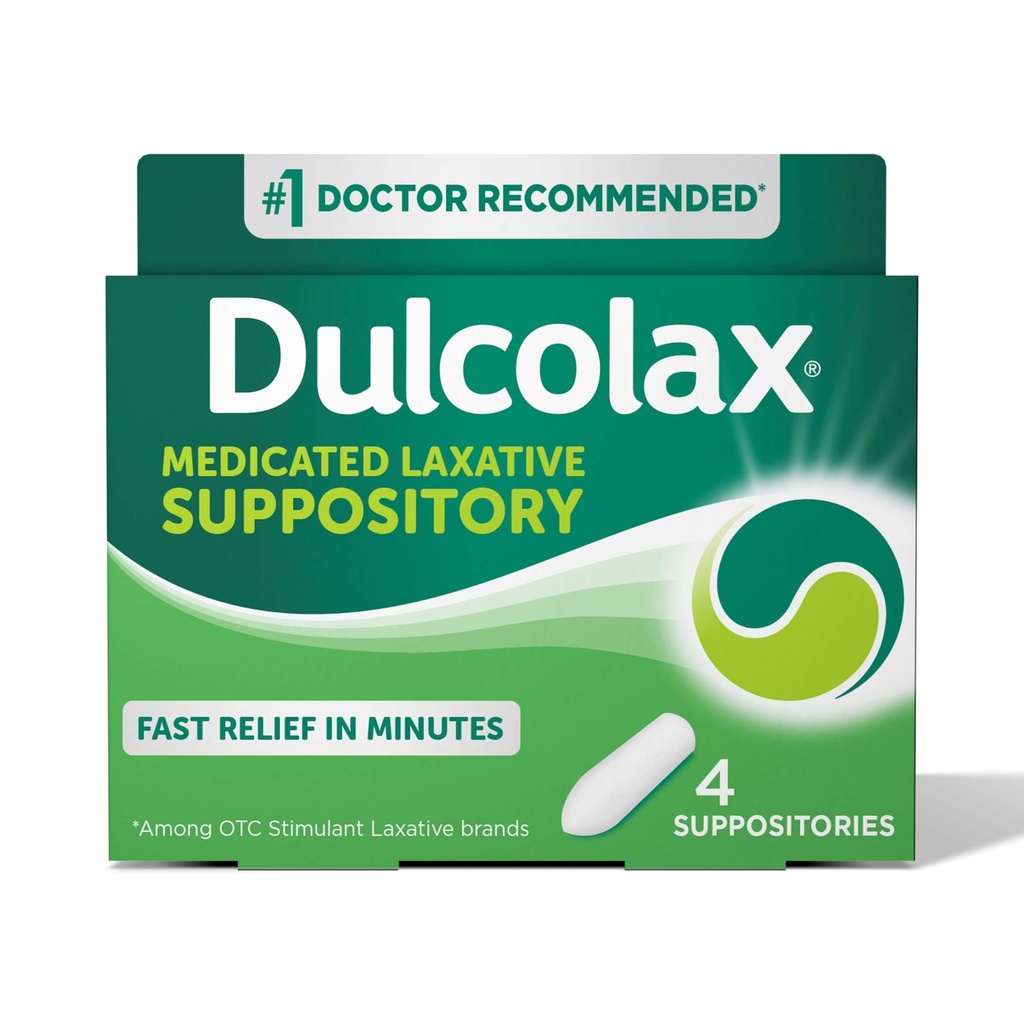 Dulcolax Stimulant Laxative Medidicated Suplotories, Predictable & Effective Constipation Relief, Bisaseyl 10 mg, 4 Count