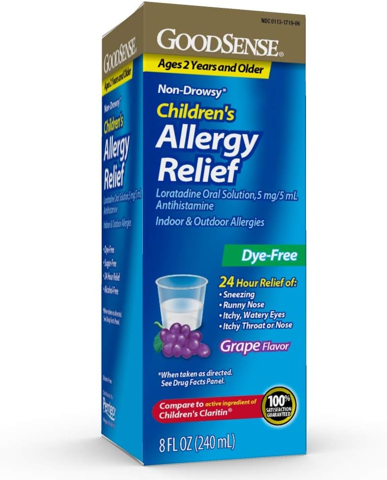 GoodSense Children 's Allergy Medicine, 24 Hour Loratadine Oral Solution 5 mg / 5 mL, Dye- Free, Non-Drowsy Antihistamin, Grape Flavor, Ages 2 dan Older, 8 oz