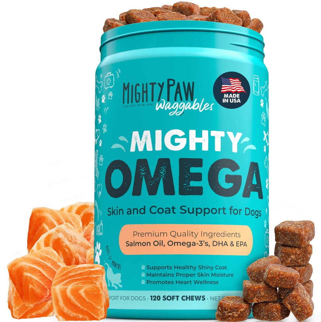 "Mighty Paw Waggables Mighty Omega (Made in The USA, 120 Count): 124; Omega 3 Fish Oil Chew for Dogs. Salmon Flavor Skin dan Coat Suplemen. Soft Chew Fish Oil for Dogs - DHA & EPA, Bacon Flavor