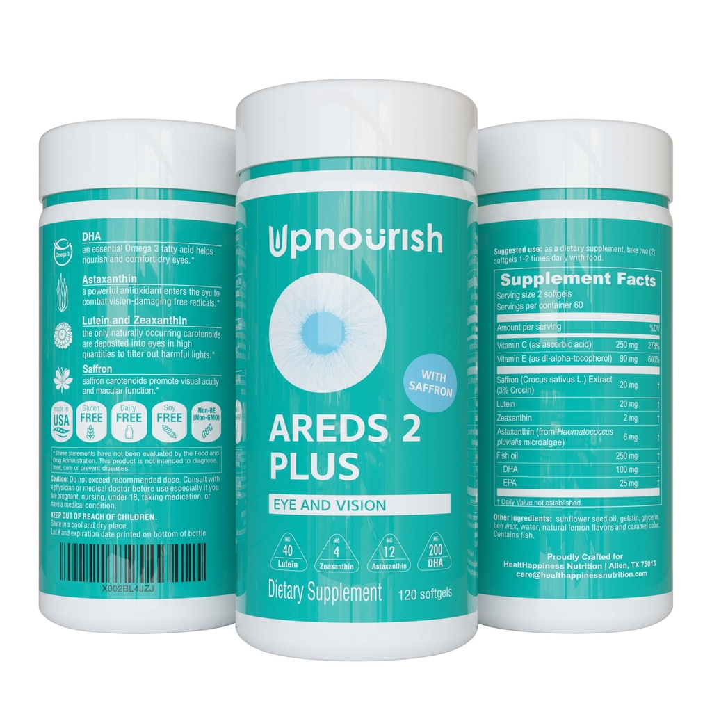 UpNfeating AREDS 2 Plus Eye Vitamin Suplemen, AREDS 2 Zinc Free Formula dengan Lutein, Dalxanthin, Saffron, Astaxanthin & DHA - 120 softgeels