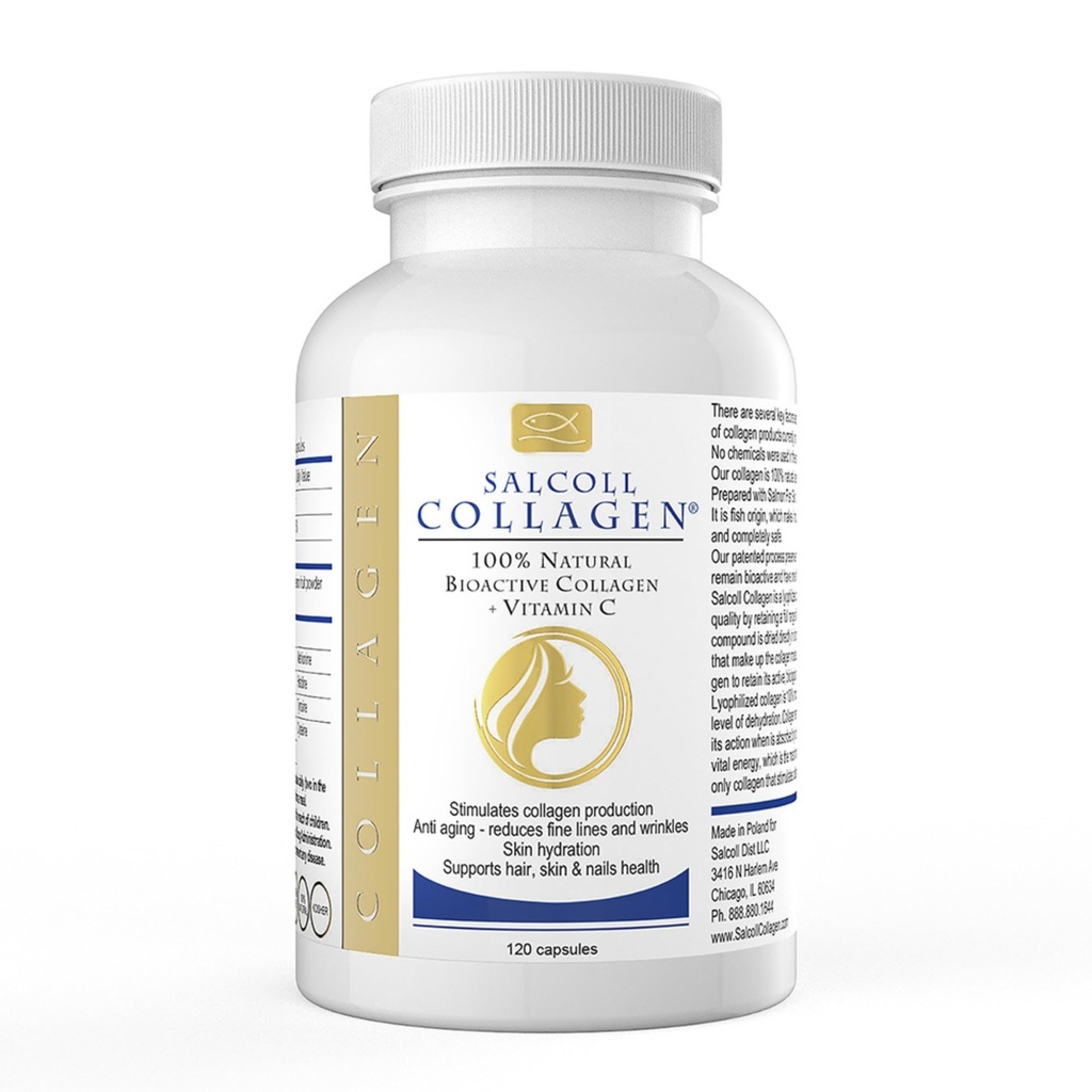 Salcoll Marine Pure Collagen Skin Capsules (120 Count) - Anti- Aging Suplement for Women & Men, Boosts Collagen, Reduces Wrinkles, Supports Skin, Hair & Nails with Hidration & NFlMD