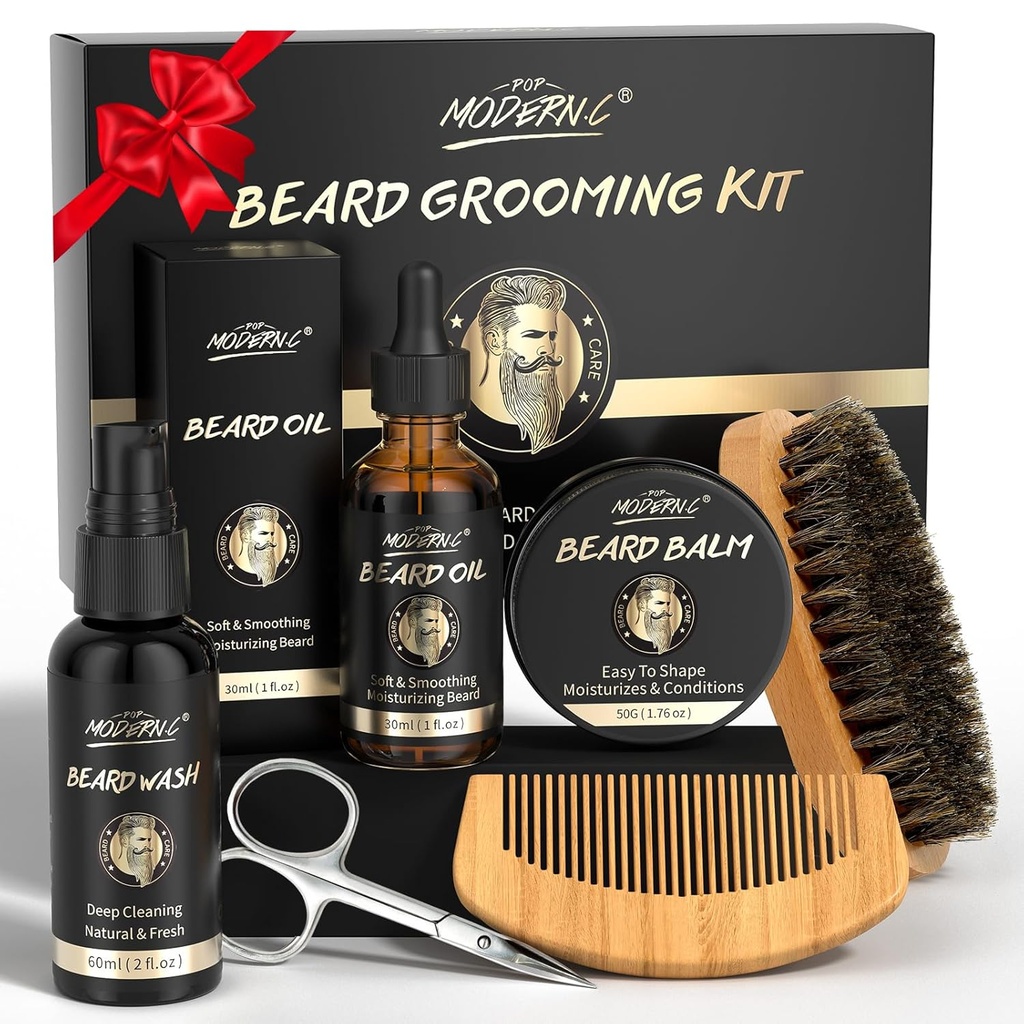 POP MODERN.C Growth Kit Beard Grooming Kit 6pcs Beard Cuci Shamphod Beard Oil Beard Bald Beard Comb Brush Gunsor