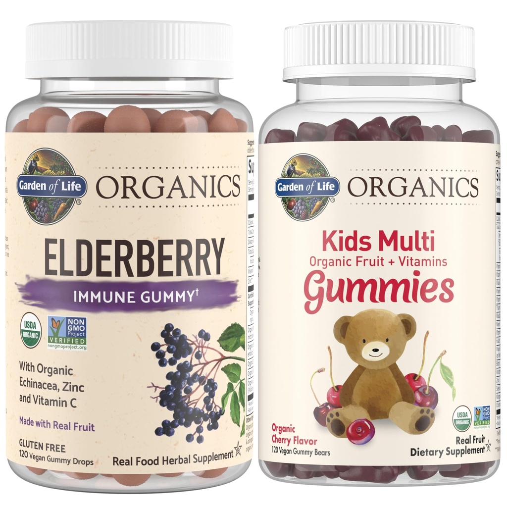 Garden of Life Organics Kids Ammune Bundle - Elderberry Immune Support Gummies (120 Count) + Sertifikasi Anak Organik Multivitamin Gummies, Non-GMO, Gluten Free, Cherry (120 Count)