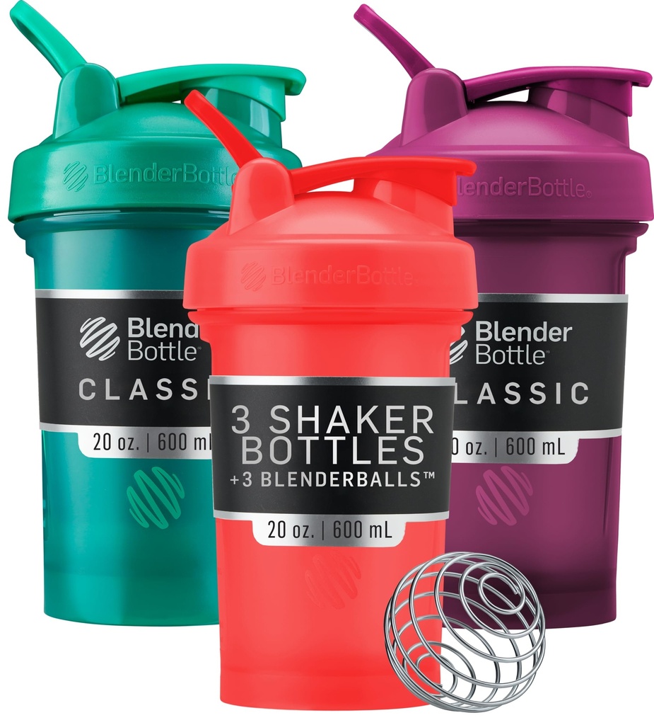 BlenderBottle Classic V2 Shaker Bottle Perfect for Protein Shakes and Pre Workout, 20- Ounce (3 Pack), Red, Green, Plum