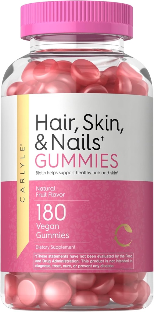 Carlyle Hair Skin dan Nails Vitamin 124; 180 Vegan Gummies 124; Fruit Flavored Suplemen untuk Pria dan Wanita; dengan Biotin 124; Non-GMO & Gluten Bebas