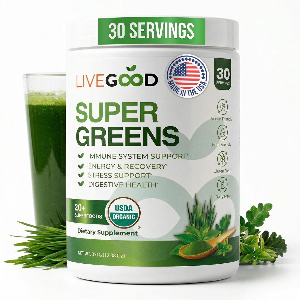 LiveGood Super Greens Powder Organic Superfood dengan bubuk Wheat Grass, Bubuk Superfood Daily untuk Dukungan Imune, Energi dan Detox, Supder Jus Hijau (30 Pelayan), 12.38 Oz