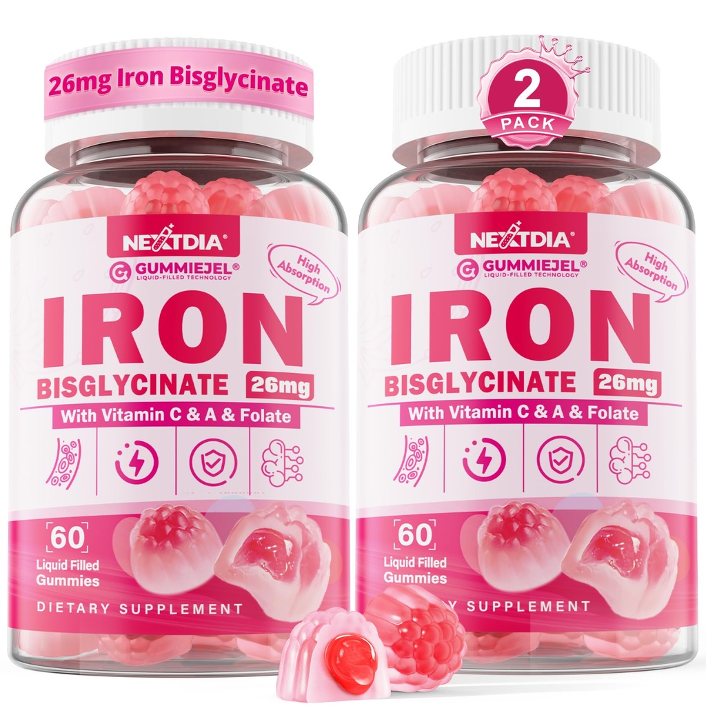 Vegan Iron Suplement Gummies for Women & Men - w / Vitamin C Founding B12 Zinc for Dewata & Anak-anak, Besi Lembut Chewable for Iron Deficiency, Boost Energi, Non-Constipating & After Taste, Sugar- Free 2 Pack