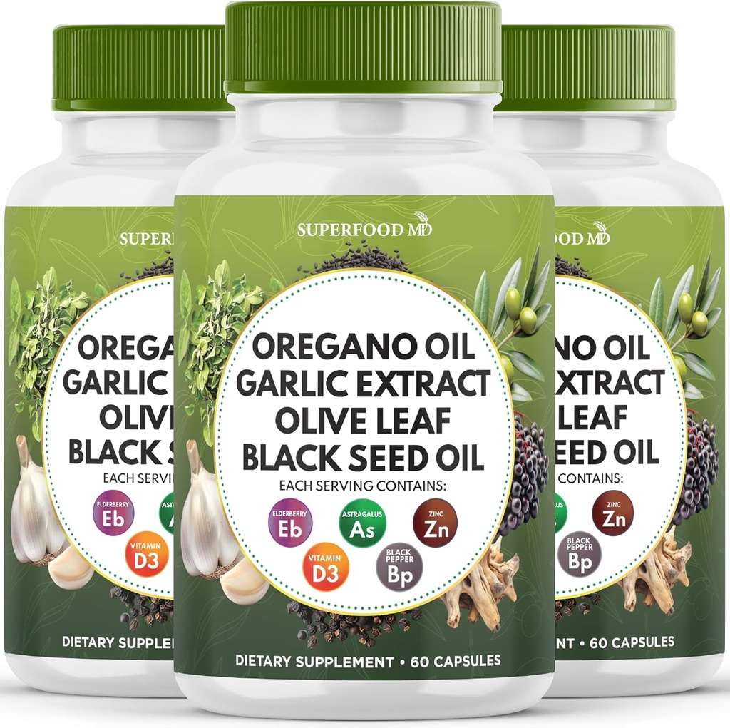 Oregano Oil Extract Olive Leaf Black Seed Oil Astragalus - Imune Tambahan Dukungan untuk Perempuan dan Men- 180 Count