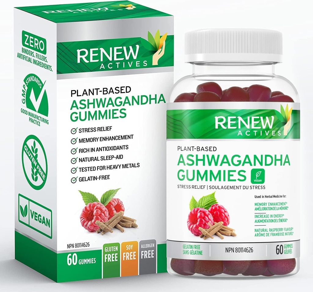 Atraksi Renew Ashwagandha 100MG / 4 Gummies - Memory, Focus & Energy Boost - Tradisional Digunakan sebagai Remerative Tonic - Vegan, Herbal Adaptogen - Dibuat di Kanada - 60 Gummi