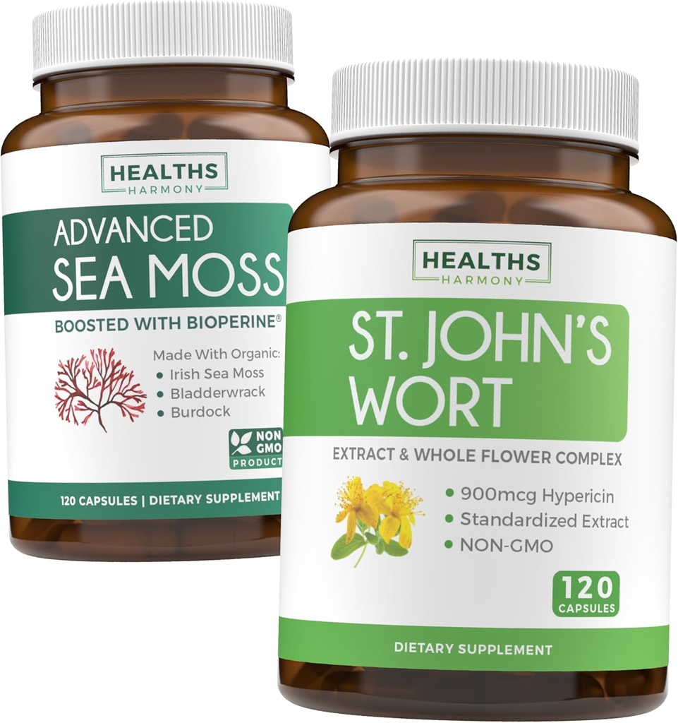 Sea Moss & St. John 's Welt (2-Month Supply) Mood Moss Blend - Organic Sea Moss - Raw Vegan Suplement (120 Caps) & St John' s Welt dengan kuat 900mcg Hypericin Vegan Non- GMO (120 Capsules)