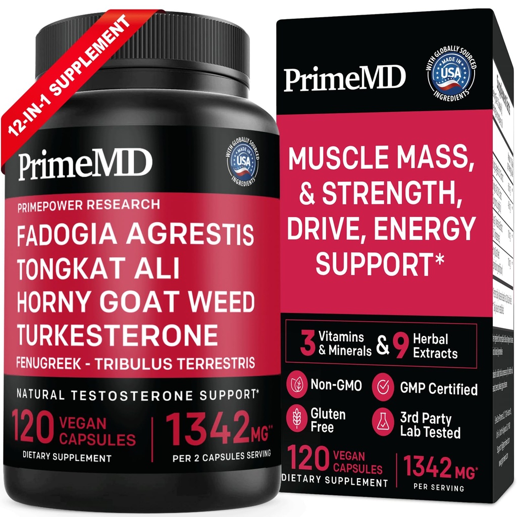 PrimeMD 12-1 Fadogia Agrestis dan Tongkat Ali - Testosteron Suplemen untuk Pria dengan Turkesteron - HornyGoatWeed for Men for Overall Well- Menjadi dengan 1342mg Per Serving (120 Capsules) (Paket 1)
