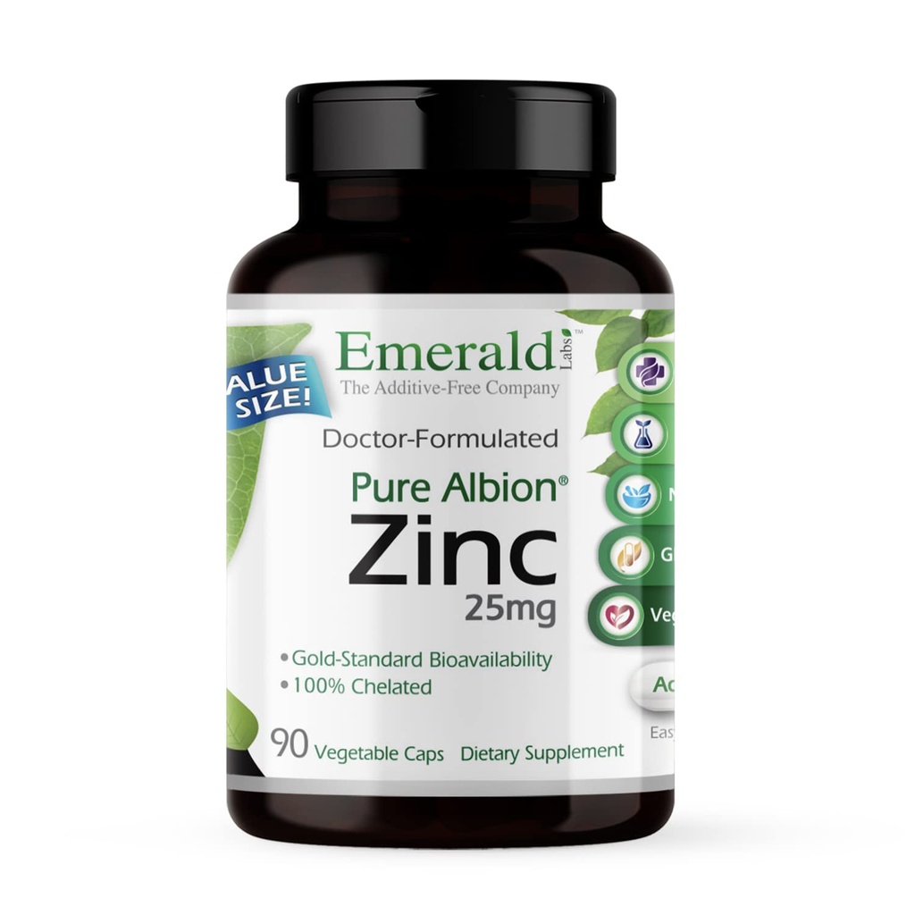 Emerald Labs Zinc 25mg - Dukungan Imunitas, Kesehatan Digetical, Dukungan Stress Oxidative - Dibuat dengan Zinc Bisglycinate - Vegan & Gluten- Free - 90 Vegetable Capsules