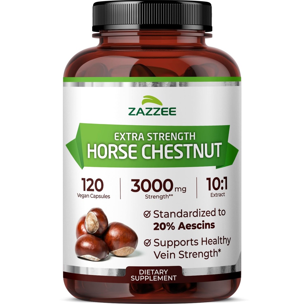 Zazzee Ekstra Kekuatan Kuda Chestnut 10: 1 Ekstraksi, 3000 mg Kekuatan, 20% Aesins, 4 Bulan Suply, 120 Vegan Capsules, konsentrasi dan Standardisasi Ekstrak 10X, All- Natural, Non-GMO, dibuat di Amerika Serikat