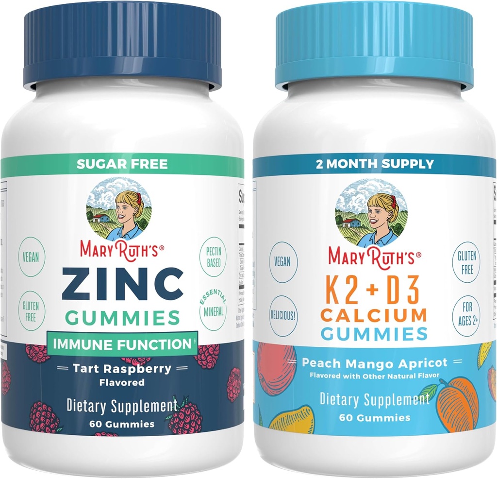 MaryRuth Organics Zinc (Tart Raspberry) & Vitamin K2 + D3 Calcium Gummies (Peach Mango & Apricot)