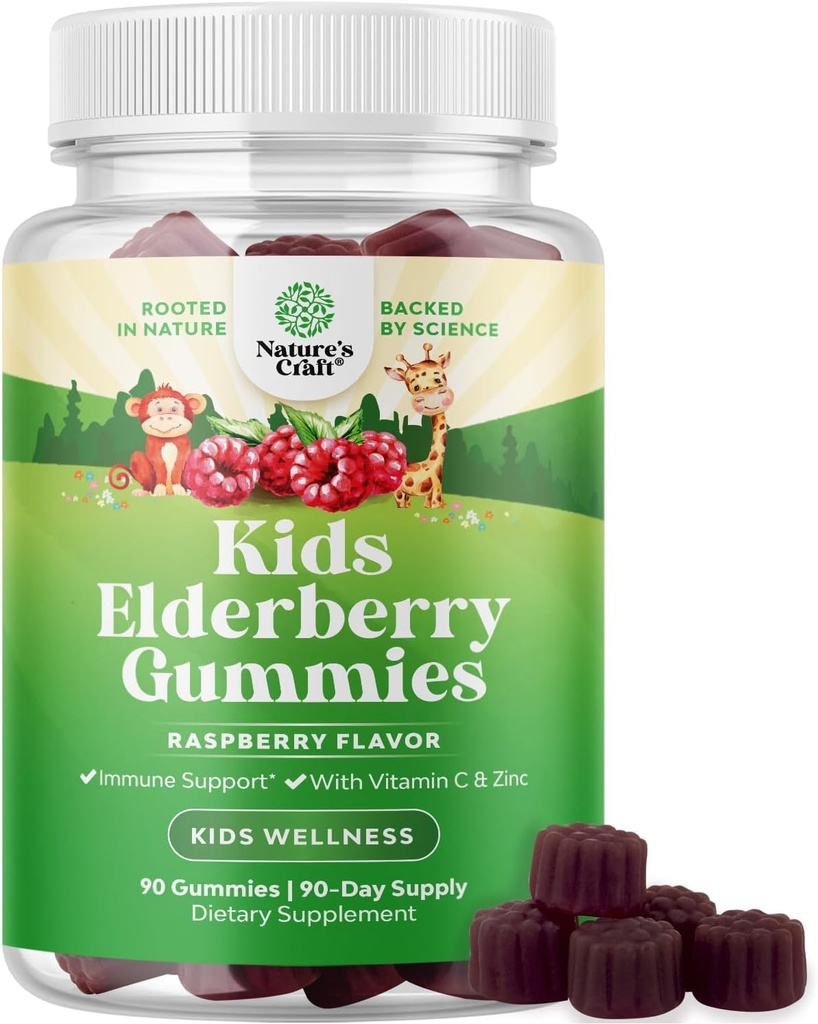 Nature Craft Sambucus Elderberry Gummies for Kids Health - Delicious Black Elderberry Gummies with Zinc and Vitamin C for Kids Ammune Support - Gelatin and Gluten Free Non-GMO Imunity Support 90