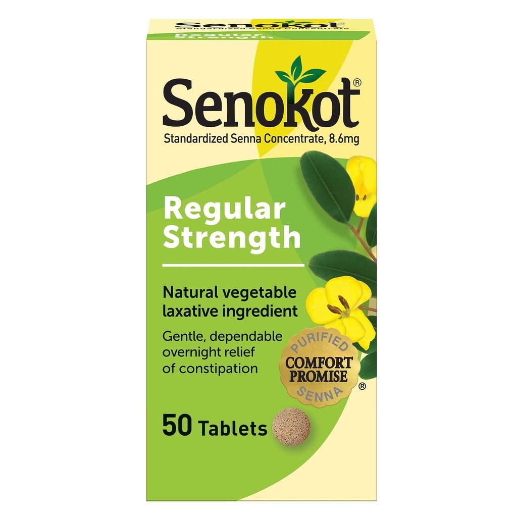 Senokot Kekuatan Reguler Senna Laxative Tablet Pelepasan Sembelit untuk orang dewasa, jumlah 50