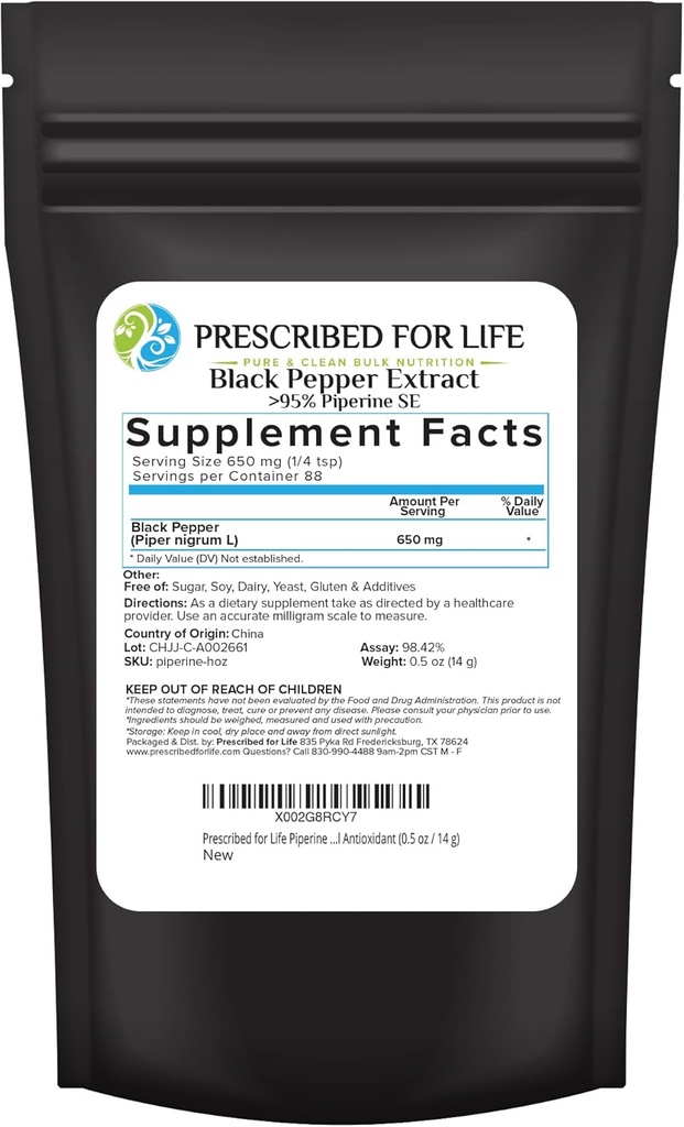 Prescricted For Life Piperine Powder, 95% Black Pepper Extract Powder, Boosts Nutrient Absorpsi, Gluten Free, Vegan, Non GMO, Natural Antioksidant (0.5oz / 14g)