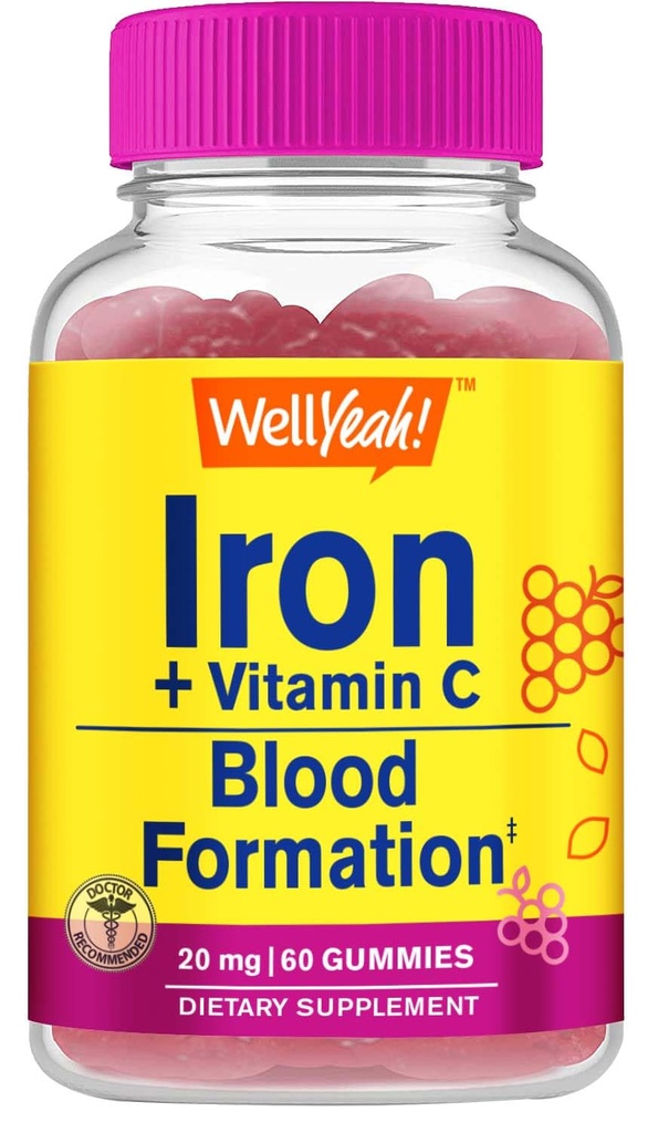 Welly Iron Gummies dengan Vitamin C-Anemia and Cellular Energy Dukung, Promotes Red Blood Cell Formasi - Energi & Imune System Dukungan -Natural Grape Flavor- 60 Gummies