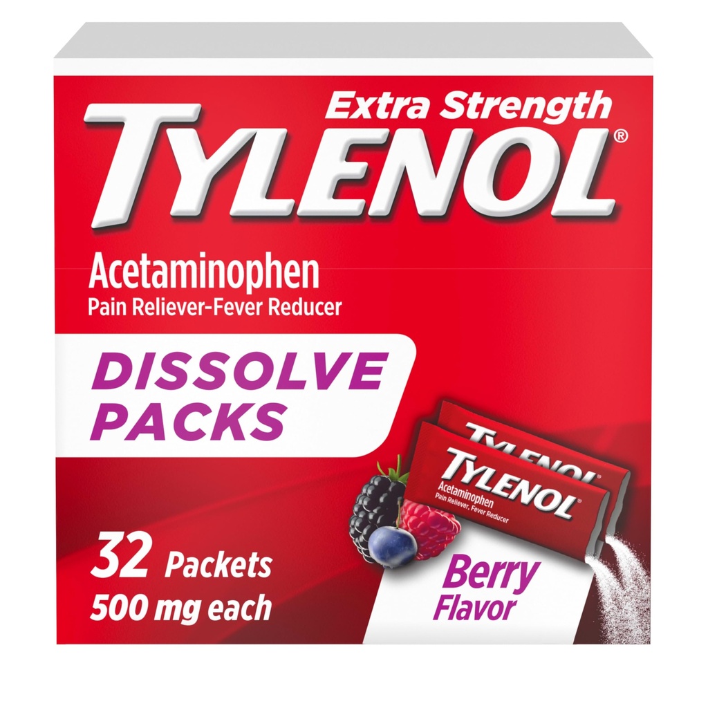 Tylenol Extra Enerve Dissolve Powder Packs, 500 mg Acetaminophen Pain Reliever & Fever Reducer Medicine, Fast Relief for Minor Ains & Pains, Ibuprofen - & Aspirin - Free, OntheGo Berry Flavor, 32 Ct