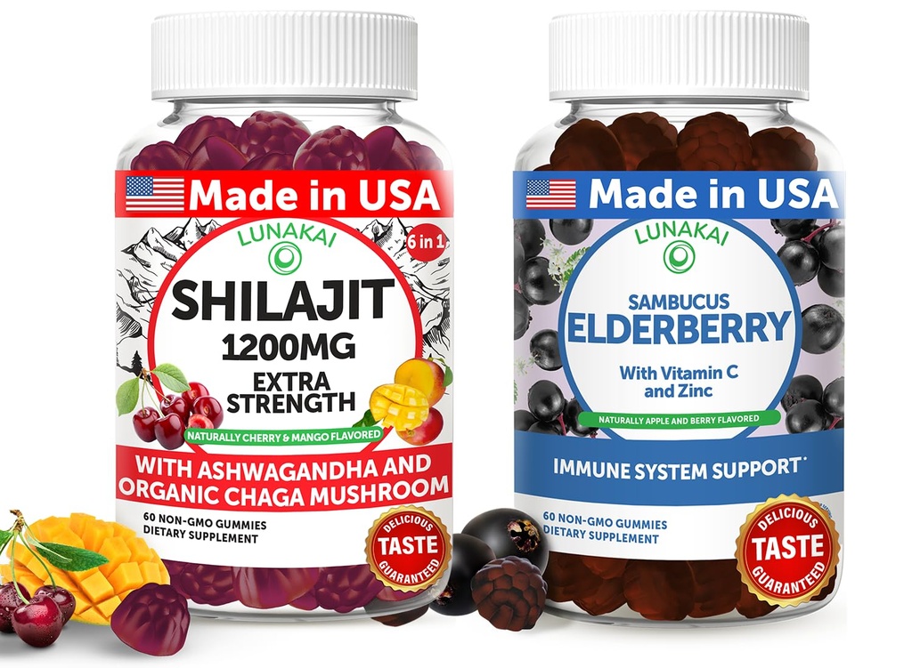 Lunakai USA Made Shilajit & Elderberry Gummies Bundle - Energy and Immune Dukung - Non-GMO & Delicious