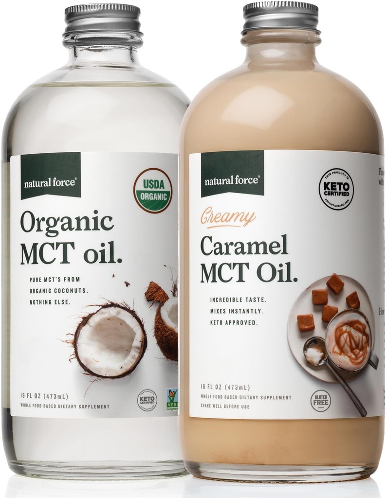 Natural Force Creamy Caramel MCT Minyak + Organik Spectrum Penuh MCT Oil - Gluten- Free, Non GMO, 100% Coconut murni MCTs dari Organic Coconuts - Keto, Paleo, dan Vegan - 2x 16 Ounce Glass Bottles