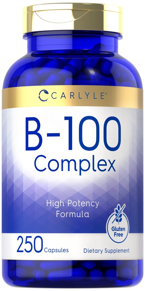 Carlyle B-100 Kompleks Vitamin 124; 250 Capsules 14; Non- GMO, Gluten Free Suplemen