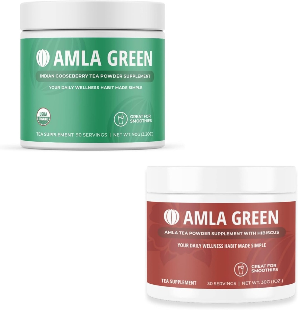 Amla Powder & Green Tea Superfood Supportion Suplement, Antioksidan Dukungan, Dibuat dengan Indian Gooseberry (90 porsi) & Hibiscus (30 porsi), Organik, Vegan
