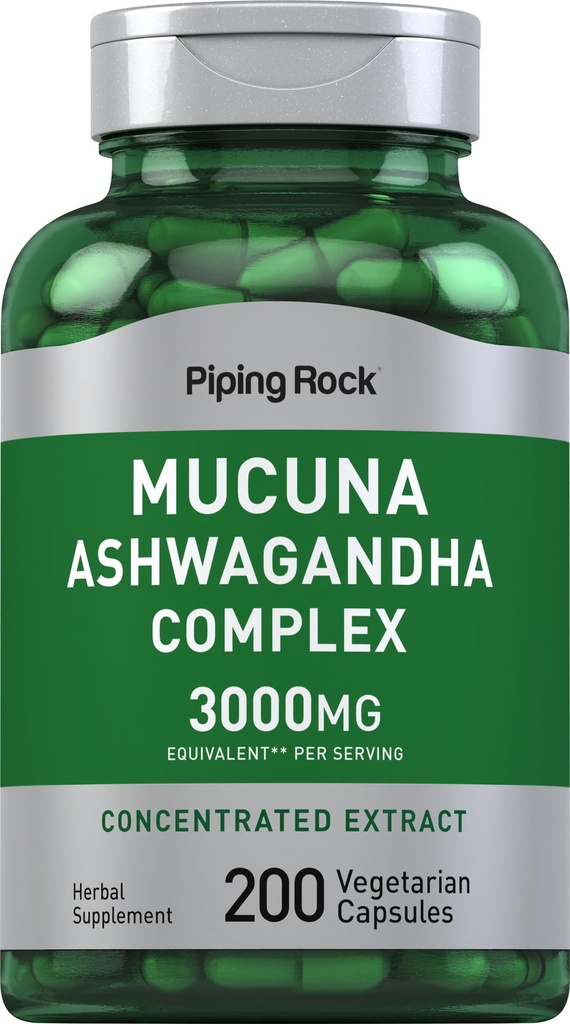 Piping Rock Mucuna Ashwagandha 3000mg 124; 200 Capsules 12.4; Kompleks Ekstment untuk Perempuan dan Pria 124; Vegetarian, Non- GMO, Gluten Bebas