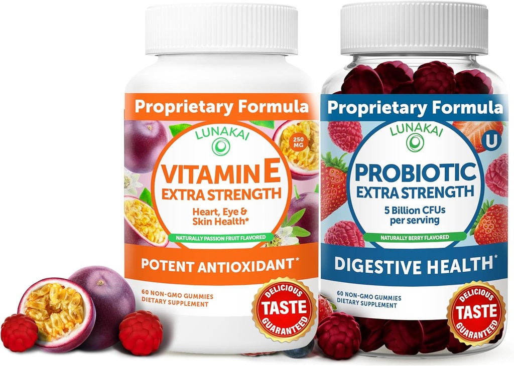 Lunakai Vitamin E dan Probiotic Gummies Bundle - 3000 mcg Gummies untuk Dukungan Energi Dewasa - dengan 5 Milyar CFUs Per Serving for Digetical Health - Non-GMO, All Natural