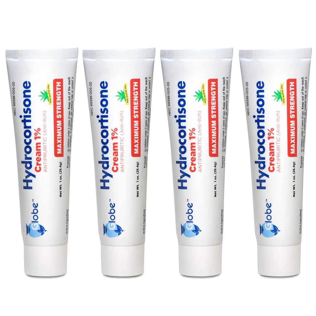 Globe (4 Pack) Hydrocortisone Maximum Kekuatan Anti- Itch Cream 1% w / Aloe, Intensive Formula for Redness, Rash, Bug & Mosquito Bites, Eczema, Hesrenhoids, Sensitive Skin, Instant Itch Relief, 1 oz Tube