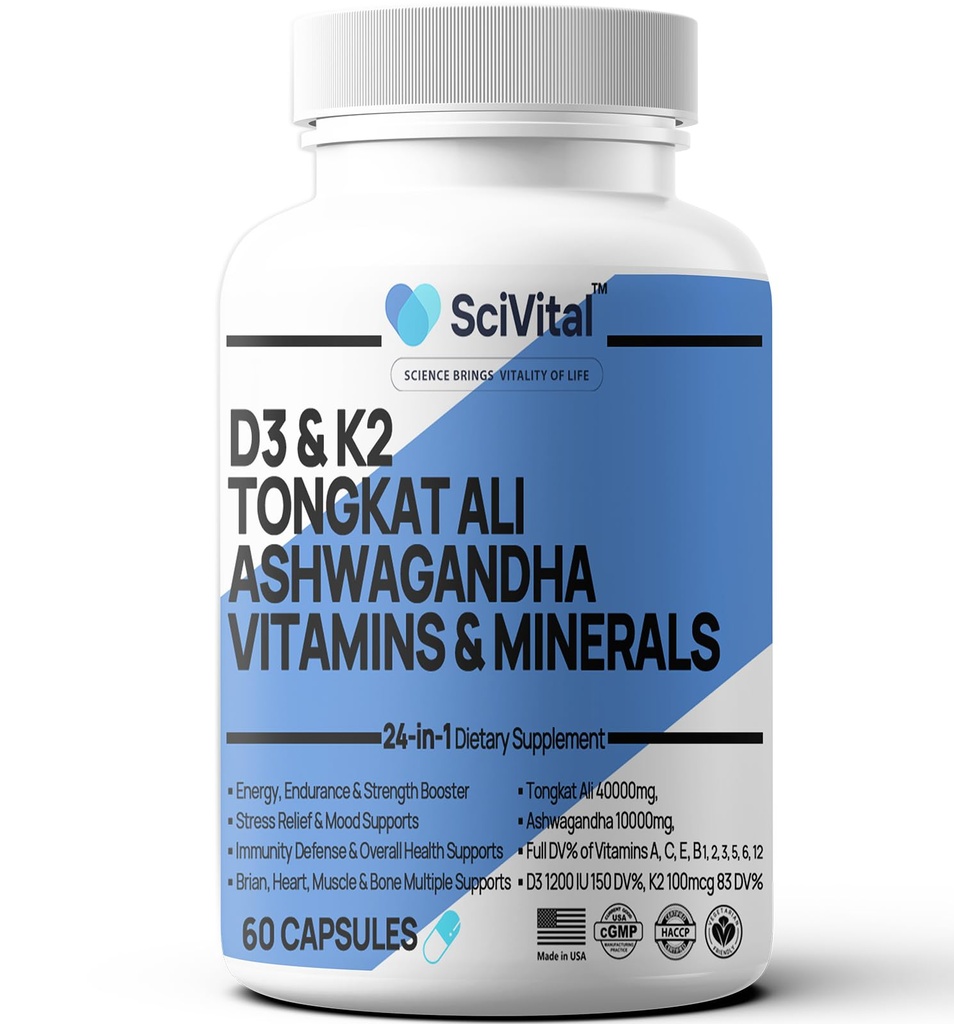 Ashwagandha 10000mg Tonkat Ali 40000mg Suplemen dengan Multivitamin D3 K2 - Kesehatan Pria & Stress, Mood, Energi, Dukungan Endurance - Ashwagandha Capsules Tongkat Ali untuk Pria Amerika - 60 Count