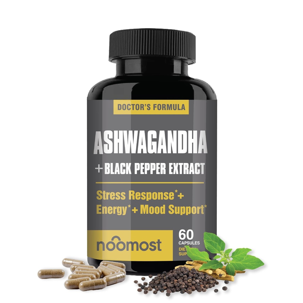 Noomost Organic Ashwagandha 400mg Capsules w / Black Pepper Extract as Vegan Ashwagandha Suplemen Anti Stress Relief, Natural Mood Support, Energy & Focus 60 Capsules