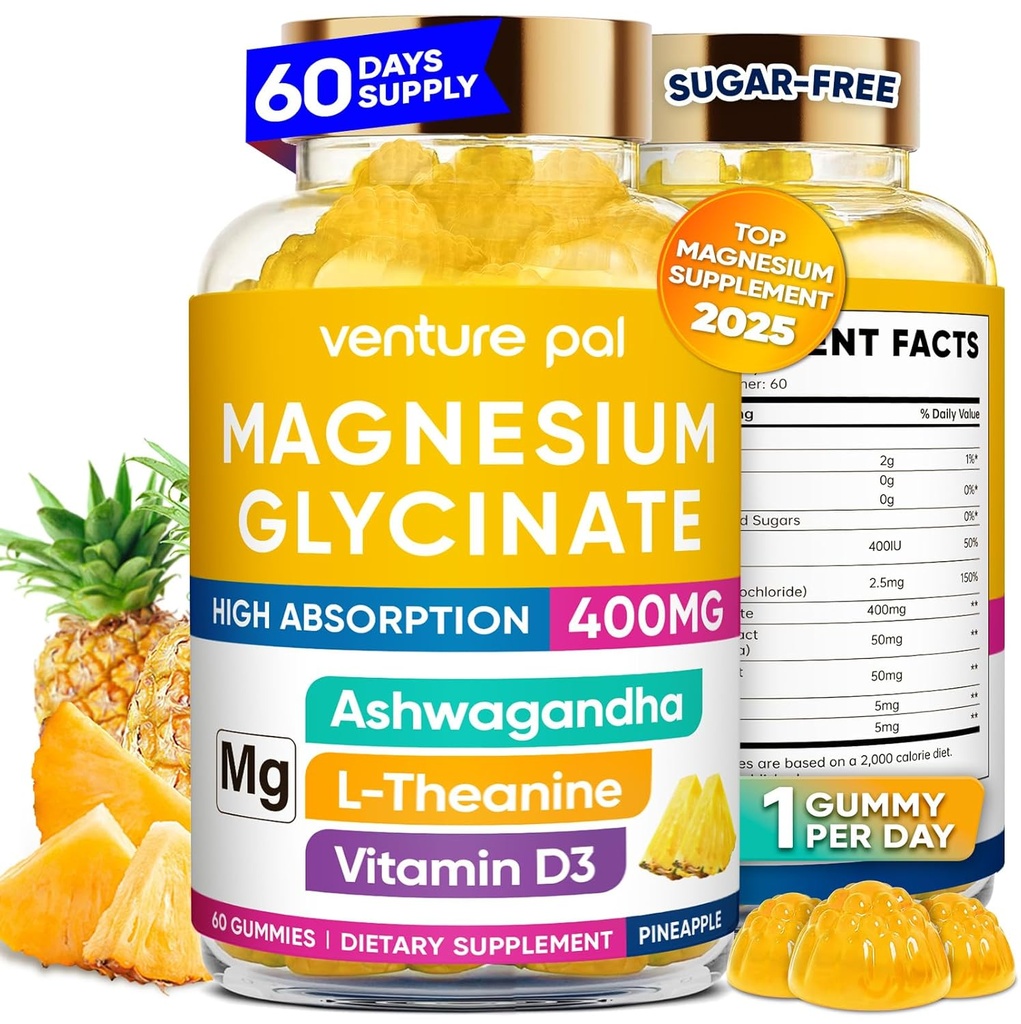 60 Hari Supply Magnesium Glycinate 400mg Gummies dengan Ashwagandha, L-Theanine, CoQ10, Vitamin D3 & B6, Sugar Free Magnesium Gummies untuk Dewasa & Anak-anak, Stress Relief, Sleakn & Vegan, Gluten Free