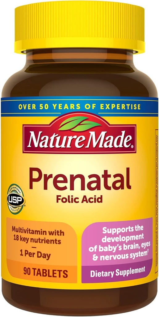 Nature Made Prenatal Multivitamin with Folic Acid, Prenatal Vitamin and Mineral Supplement for Daily Nutration Dupport, 90 Tablet, 90 Day Supply