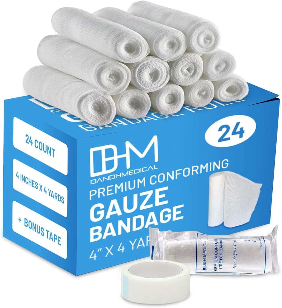 D & H Medical Pack dari 24 Gauze Bandage Roll 4 Inches x 4 Yards - Medical Gauze Scrap for Wounds Care - mudah untuk menggunakan Cotton Gauze Rolls untuk Mengikat Tangan Ankles & Klees