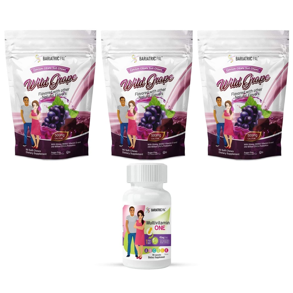 BariatricPal 90- Day Bariatric Vitamin Bundle (Multivitamin ONE 1 per hari! Capsule dengan 45mg Besi dan Kalsium Citrate Soft Chews 500mg dengan Propoles - Wild Grape)