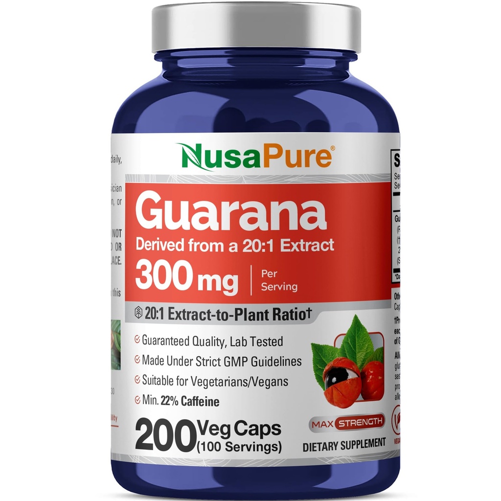 NusaPure Guarana Ekstrak 20: 1 Ekstrak, 300 mg Equivalen untuk 6.000 mg per Veggie Caps 200 (Non-GMO, Vegan)