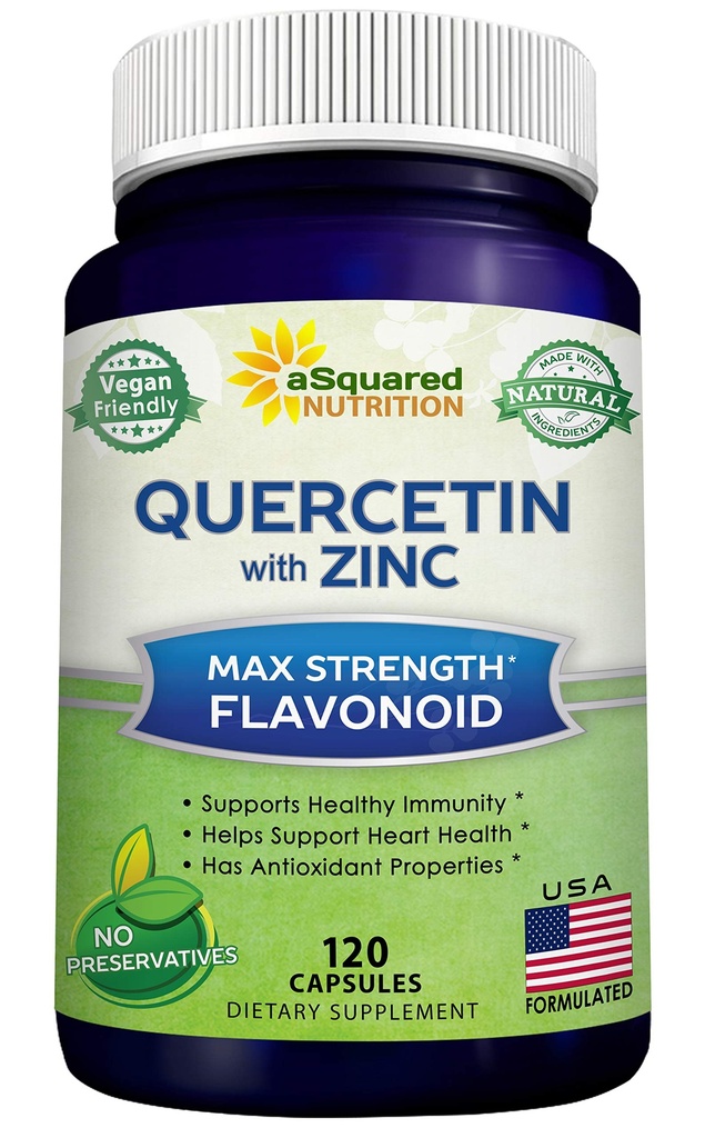 aSquared Nutrition Quercetin 1000mg with Zinc Suplement - 120 Capsules - Quercetin Didrate with Black Elderberry & Zinc - Max Power Powder Complex Pills to Help Improve Ammune Response
