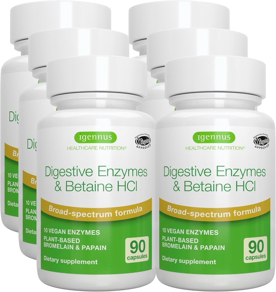 Igennus Fast Action Digetical Enzymes & Betaine HCI, 10 Broad Spectrum Enzymes with Protease, Lipase & Lactase, Papain & Bromelain, Plant-Based Vegan, Clean Label, for Women and Men, 6 Pack