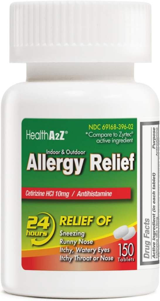 HealtA2Z L. Allergy Relief 124; Cetirizine 10mg 124; Relief Allergy Sepanjang Hari (Larergy Allergy 124; Indoor & Outdoor 124; Relief from Itchy Throat, Sneezing, Runny Nose (150 Cacah 1)