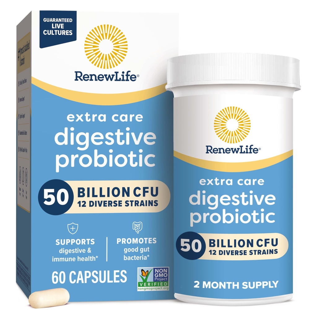 Renew Life Care Digetical Probiotic Capsules, 50 Billion CFU Dijamin, Support Daily Support Imune, Digetical Health (1), L. Rhamnosus GG, Dairy, Soy dan Gluten- Free, 60 Count