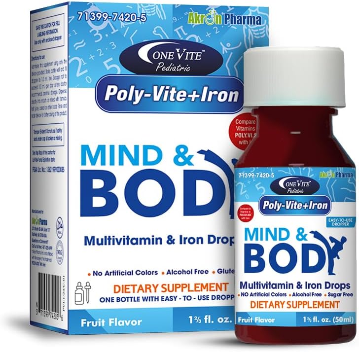 Poly- Vite + Iron Multivitamin Iron Drops for Infants & Toddlers - Mendukung Pembangunan Kuat, Pengembangan Otak, Kesehatan Abadi - Tanpa Warna Buatan, Bebas Gluten-, Botol Dropper 50mL oleh Satu Vite